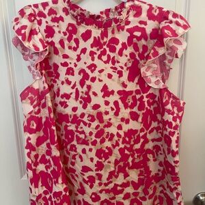 SHEIN Pink and Cream Leopard Print Ruffle Sleeve Blouse